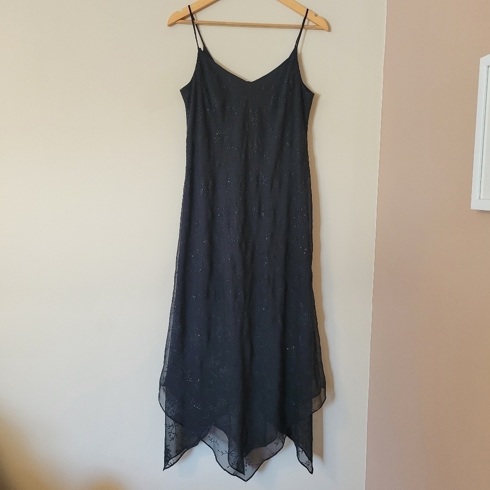 Vintage Y2K Sheer Overlay Asymmetrical Hem Slinky Goth Midi Formal Dress Size 10